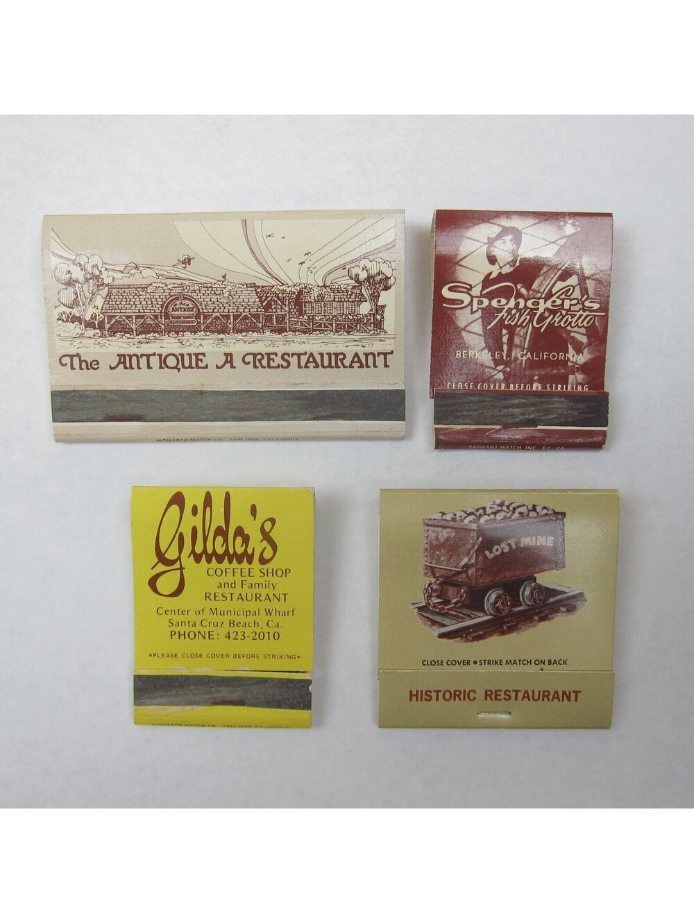 4 Matchbook Covers Antique A Restaurant Spengers Fish Grotto Gildas Lost Mine CA